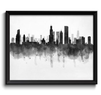 INSTANT DOWNLOAD Chicago Skyline Illinois USA United States Cityscape Art Print Poster Black White Grey Watercolor Painting