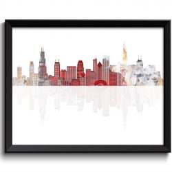 INSTANT DOWNLOAD Chicago Skyline Red Beige Grey Silver Illinois City Colorful Cityscape Poster Print Landscape Art Painting