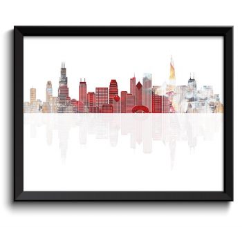 INSTANT DOWNLOAD Chicago Skyline Red Beige Grey Silver Illinois City Colorful Cityscape Poster Print Landscape Art Painting