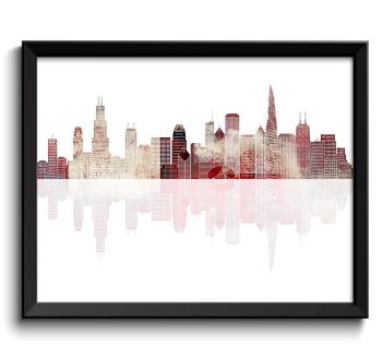 INSTANT DOWNLOAD Chicago Skyline Red Grey Beige Brown Illinois City Colorful Cityscape Poster Print Landscape Art Painting