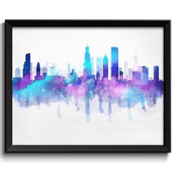 INSTANT DOWNLOAD Chicago Turquoise Blue Aqua Purple Skyline Illinois USA United States Cityscape Art Print Poster Watercolor Painting