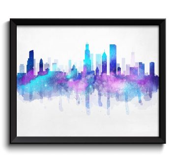 INSTANT DOWNLOAD Chicago Turquoise Blue Aqua Purple Skyline Illinois USA United States Cityscape Art Print Poster Watercolor Painting