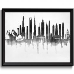 INSTANT DOWNLOAD China Skyline City Black White Grey Cityscape Print Poster Asia Modern Abstract Landscape Art Painting