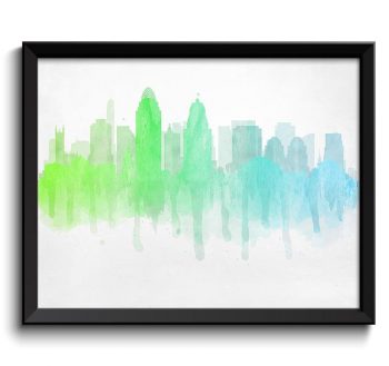 INSTANT DOWNLOAD Cincinnati Lime Green Blue Grey Skyline Ohio USA United States Modern Cityscape Art Print Poster Watercolor Painting