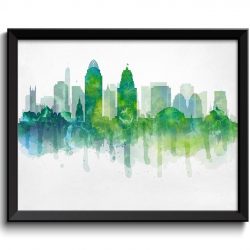 INSTANT DOWNLOAD Cincinnati Lime Green Blue Yellow Skyline Ohio USA United States Modern Cityscape Art Print Poster Watercolor Painting