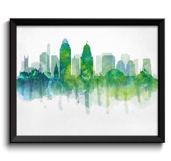 INSTANT DOWNLOAD Cincinnati Lime Green Blue Yellow Skyline Ohio USA United States Modern Cityscape Art Print Poster Watercolor Painting