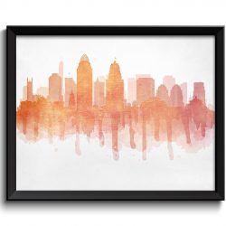 INSTANT DOWNLOAD Cincinnati Orange Peach Pink Coral Skyline Ohio USA United States Modern Cityscape Art Print Poster Watercolor Painting