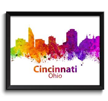 INSTANT DOWNLOAD Cincinnati Skyline Ohio City Colorful Watercolor Cityscape Poster Print Landscape Art Painting Red Purple Pink Yellow Green