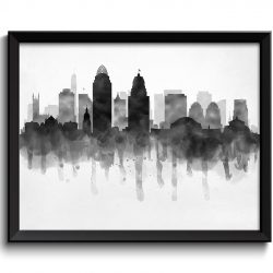 INSTANT DOWNLOAD Cincinnati Skyline Ohio USA United States Cityscape Art Print Poster Black White Grey Watercolor Painting