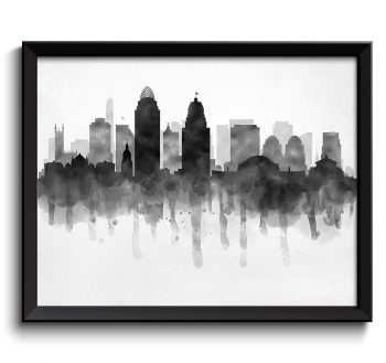 INSTANT DOWNLOAD Cincinnati Skyline Ohio USA United States Cityscape Art Print Poster Black White Grey Watercolor Painting