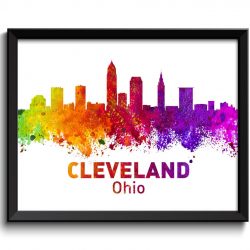 INSTANT DOWNLOAD Cleveland Skyline Ohio City Colorful Watercolor Cityscape Poster Print Landscape Art Painting Red Purple Pink Yellow Green