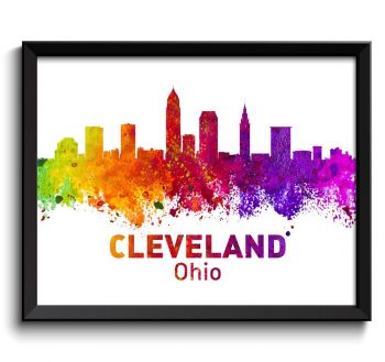 INSTANT DOWNLOAD Cleveland Skyline Ohio City Colorful Watercolor Cityscape Poster Print Landscape Art Painting Red Purple Pink Yellow Green