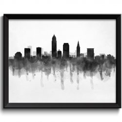 INSTANT DOWNLOAD Cleveland Skyline Ohio USA United States Cityscape Art Print Poster Black White Grey Watercolor Painting