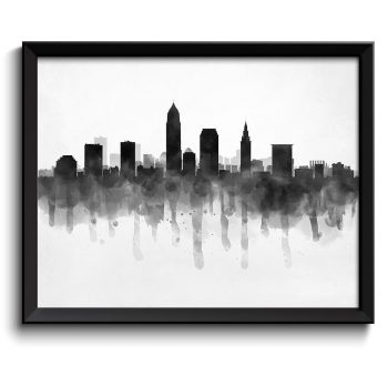 INSTANT DOWNLOAD Cleveland Skyline Ohio USA United States Cityscape Art Print Poster Black White Grey Watercolor Painting