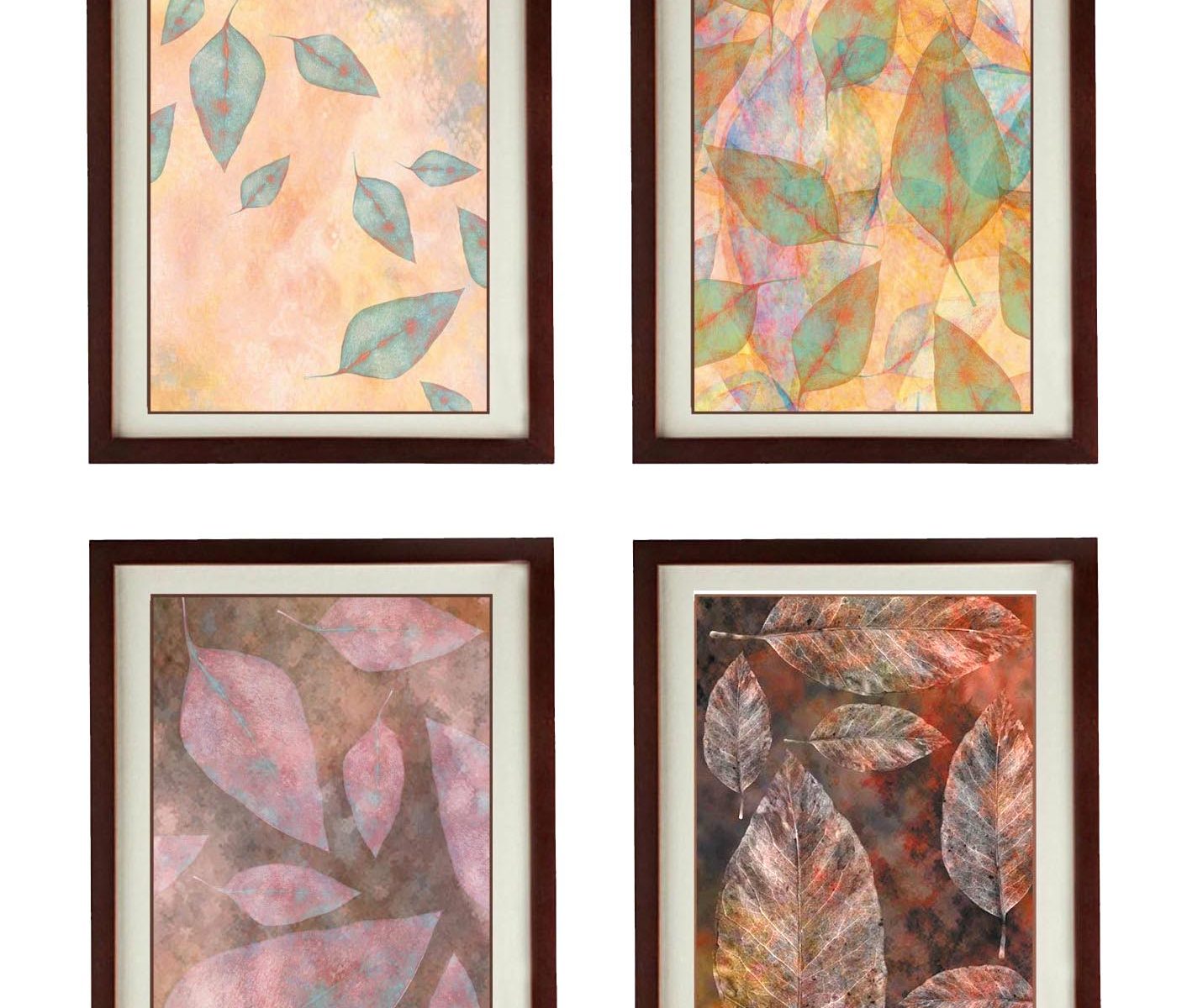 INSTANT DOWNLOAD Colorful Leaves Leaf Set of 4 Prints Beige Cream Brown Nature Art Print Old Antique Vintage Printable Bathroom Bedroom