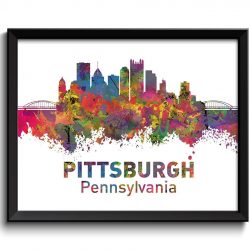 INSTANT DOWNLOAD Colorful Pittsburgh Skyline Pennsylvania Watercolor Cityscape Poster Print Landscape Art Painting Red Blue Green Yellow