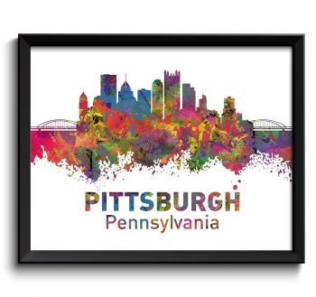 INSTANT DOWNLOAD Colorful Pittsburgh Skyline Pennsylvania Watercolor Cityscape Poster Print Landscape Art Painting Red Blue Green Yellow