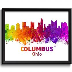 INSTANT DOWNLOAD Columbus Skyline Ohio City Colorful Watercolor Cityscape Poster Print Landscape Art Painting Red Purple Pink Yellow Green