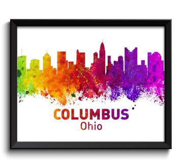 INSTANT DOWNLOAD Columbus Skyline Ohio City Colorful Watercolor Cityscape Poster Print Landscape Art Painting Red Purple Pink Yellow Green