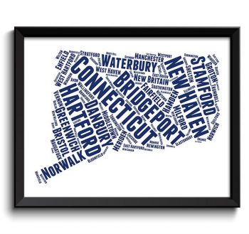 INSTANT DOWNLOAD Connecticut Map State Text Words Watercolor Poster Print Navy Blue White USA United States Modern Landscape Art Painting