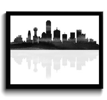 INSTANT DOWNLOAD Dallas Skyline Texas City Black White Grey Gray Watercolor Cityscape Poster Print Modern Abstract Landscape Art Painting