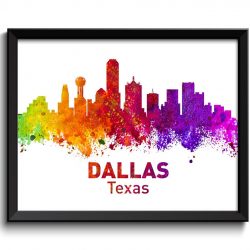 INSTANT DOWNLOAD Dallas Skyline Texas City Colorful Watercolor Cityscape Poster Print Landscape Art Painting Red Purple Pink Yellow Green