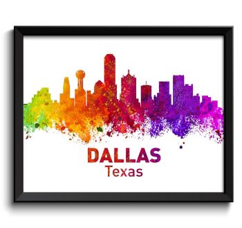 INSTANT DOWNLOAD Dallas Skyline Texas City Colorful Watercolor Cityscape Poster Print Landscape Art Painting Red Purple Pink Yellow Green