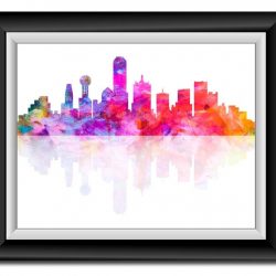 INSTANT DOWNLOAD Dallas Skyline Texas City Purple Pink Blue Yellow Watercolor Cityscape Poster Print Modern Abstract Landscape Art Painting