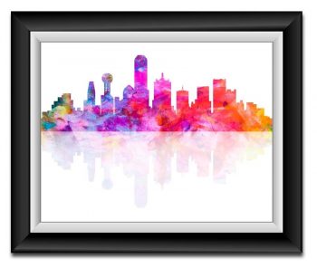 INSTANT DOWNLOAD Dallas Skyline Texas City Purple Pink Blue Yellow Watercolor Cityscape Poster Print Modern Abstract Landscape Art Painting