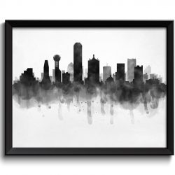 INSTANT DOWNLOAD Dallas Skyline Texas USA United States Cityscape Art Print Poster Black White Grey Watercolor Painting