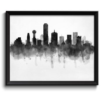 INSTANT DOWNLOAD Dallas Skyline Texas USA United States Cityscape Art Print Poster Black White Grey Watercolor Painting