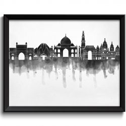 INSTANT DOWNLOAD Delhi Black White Grey Skyline India Cityscape Art Print Poster Watercolor Painting