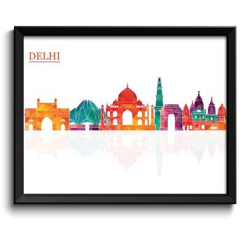 INSTANT DOWNLOAD Delhi Skyline Green Blue Teal Purple Peach City Colorful Cityscape Poster Print India Abstract Landscape Art Painting