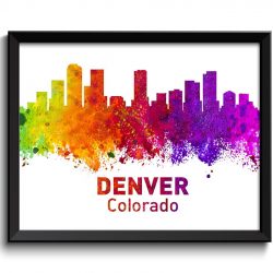 INSTANT DOWNLOAD Denver Skyline Colorado City Colorful Watercolor Cityscape Poster Print Landscape Art Painting Red Purple Pink Yellow Green