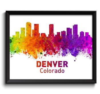 INSTANT DOWNLOAD Denver Skyline Colorado City Colorful Watercolor Cityscape Poster Print Landscape Art Painting Red Purple Pink Yellow Green