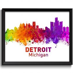 INSTANT DOWNLOAD Detroit Skyline Michigan Colorful Watercolor Cityscape Poster Print Landscape Art Painting Red Purple Pink Yellow Green