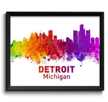 INSTANT DOWNLOAD Detroit Skyline Michigan Colorful Watercolor Cityscape Poster Print Landscape Art Painting Red Purple Pink Yellow Green