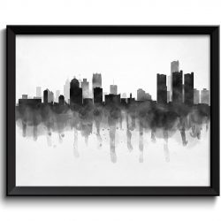 INSTANT DOWNLOAD Detroit Skyline Michigan USA United States Cityscape Art Print Poster Black White Grey Watercolor Painting