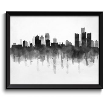 INSTANT DOWNLOAD Detroit Skyline Michigan USA United States Cityscape Art Print Poster Black White Grey Watercolor Painting