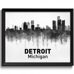 INSTANT DOWNLOAD Detroit Skyline Michigan USA United States Cityscape Art Print Poster Black White Grey Watercolor Painting