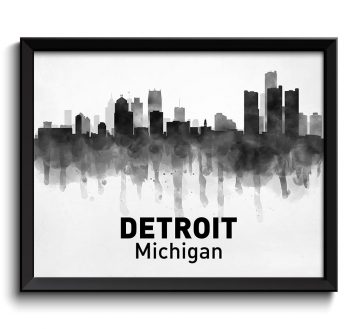 INSTANT DOWNLOAD Detroit Skyline Michigan USA United States Cityscape Art Print Poster Black White Grey Watercolor Painting