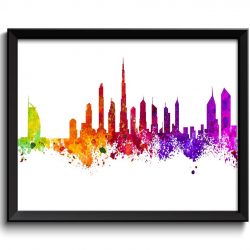 INSTANT DOWNLOAD Dubai Skyline Colorful United Arab Emirates City Watercolor Cityscape Poster Print Landscape Art Painting Red Purple Pink