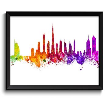 INSTANT DOWNLOAD Dubai Skyline Colorful United Arab Emirates City Watercolor Cityscape Poster Print Landscape Art Painting Red Purple Pink