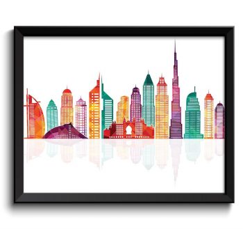 INSTANT DOWNLOAD Dubai Skyline Green Blue Teal Pink Purple Peach United Arab Emirates Cityscape Art Print Poster Landscape Art Painting