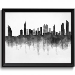 INSTANT DOWNLOAD Dubai Skyline United Arab Emirates Cityscape Art Print Poster Black White Grey Watercolor Painting