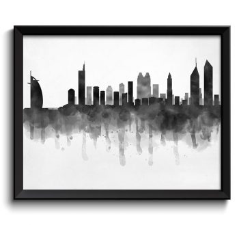 INSTANT DOWNLOAD Dubai Skyline United Arab Emirates Cityscape Art Print Poster Black White Grey Watercolor Painting