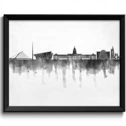 INSTANT DOWNLOAD Dublin Skyline City Cityscape Black White Grey Ireland Europe Famous Landmarks Poster Print Abstract Landscape Art Painting