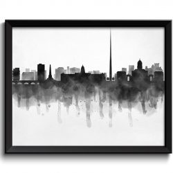 INSTANT DOWNLOAD Dublin Skyline Ireland Europe Cityscape Art Print Poster Black White Grey Watercolor Painting