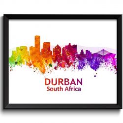 INSTANT DOWNLOAD Durban Skyline South Africa Cityscape Art Print Poster Green Yellow Orange Red Purple Pink Watercolor Painting