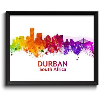 INSTANT DOWNLOAD Durban Skyline South Africa Cityscape Art Print Poster Green Yellow Orange Red Purple Pink Watercolor Painting